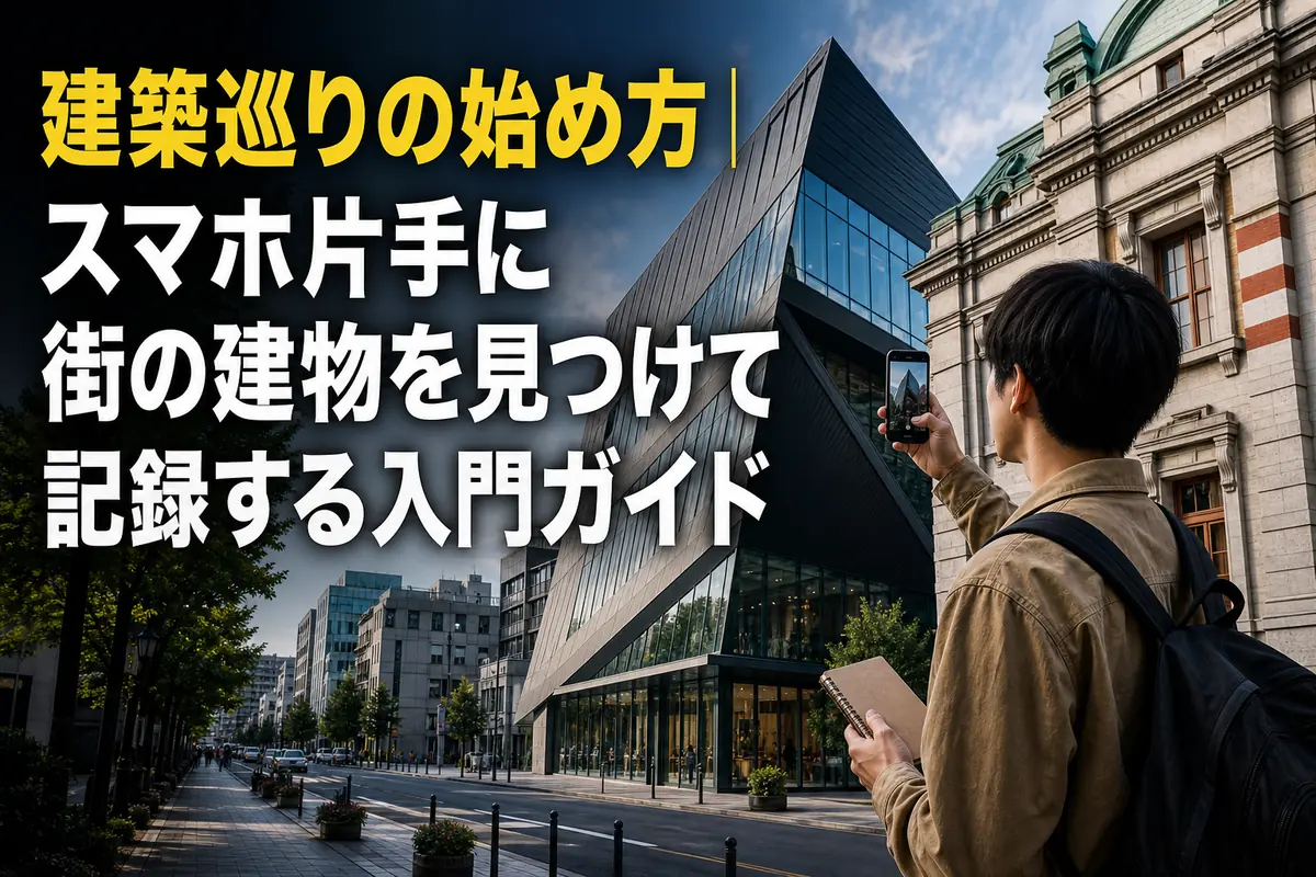 スマートフォンを手に街の建築を観察する初心者。