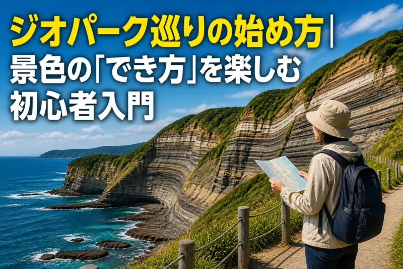 海岸の地層を遊歩道から観察する旅行者。