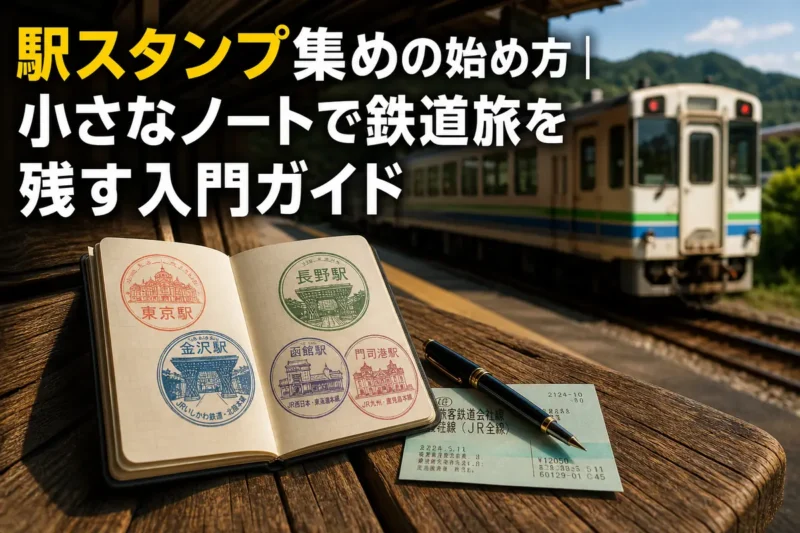 駅スタンプを押した旅ノートと筆記具が駅のベンチに置かれている。