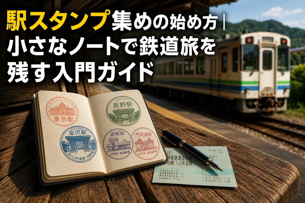 駅スタンプを押した旅ノートと筆記具が駅のベンチに置かれている。