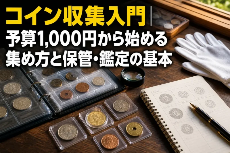 保護ホルダーに収めたコインとルーペ、収集ノートを机に並べた様子。